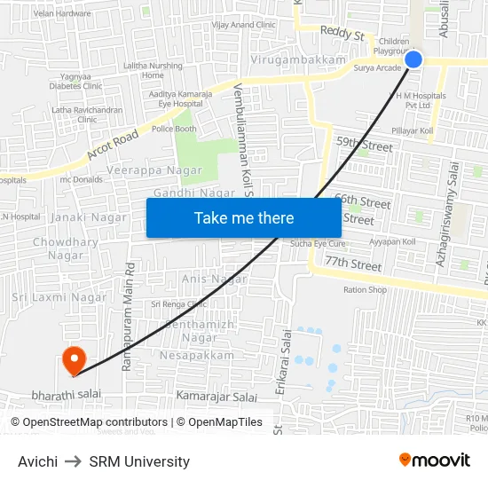 Avichi to SRM University map