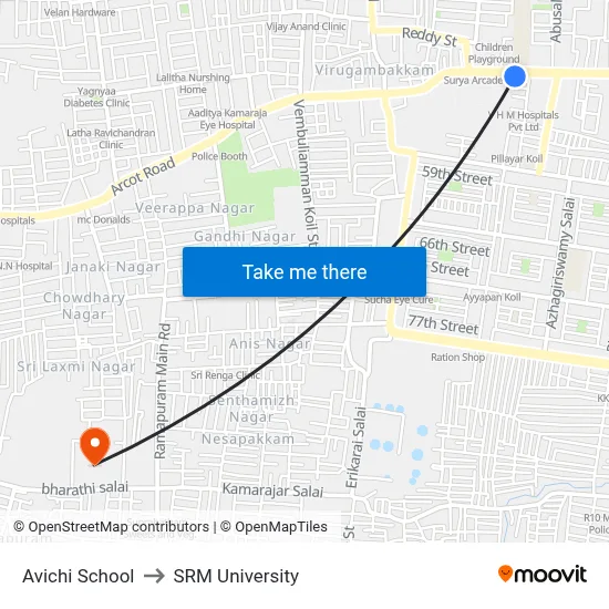 Avichi School to SRM University map
