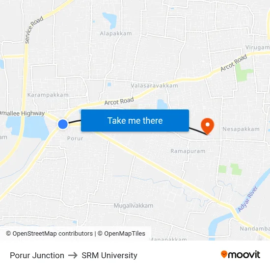 Porur Junction to SRM University map