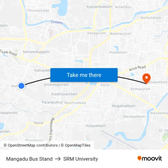 Mangadu Bus Stand to SRM University map