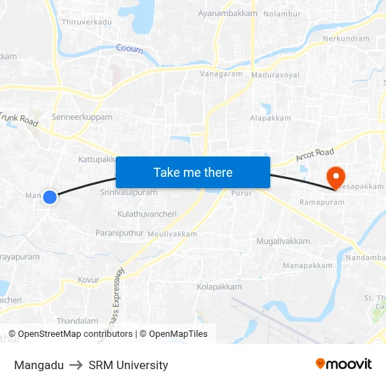 Mangadu to SRM University map