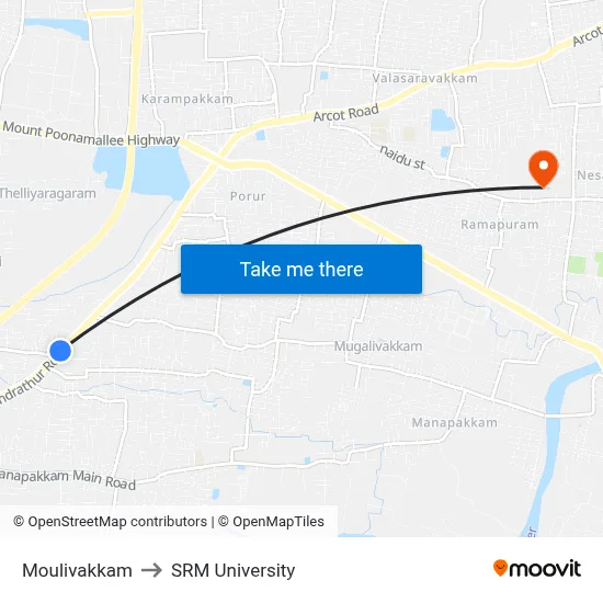 Moulivakkam to SRM University map