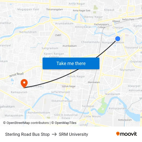 Sterling Road Bus Stop to SRM University map