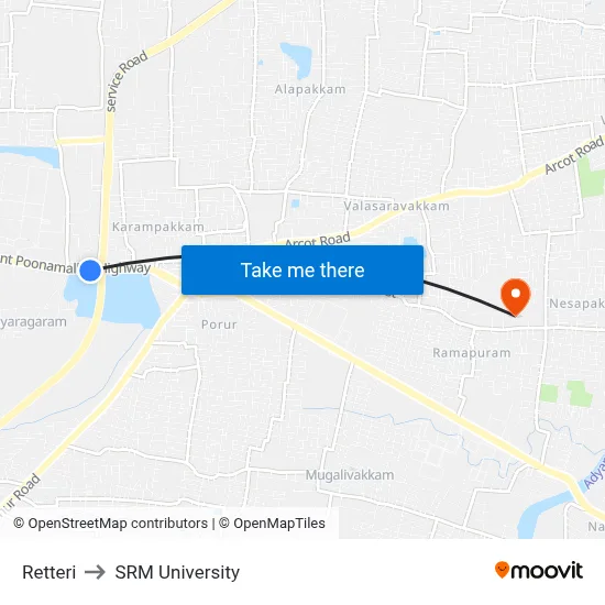 Retteri to SRM University map