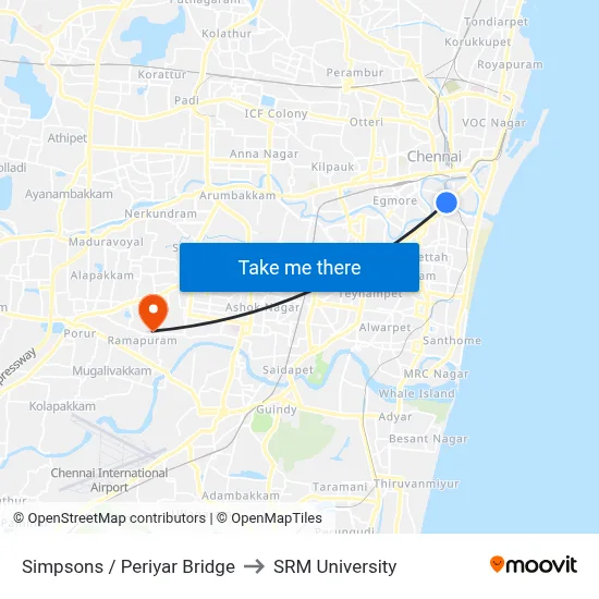 Simpsons / Periyar Bridge to SRM University map