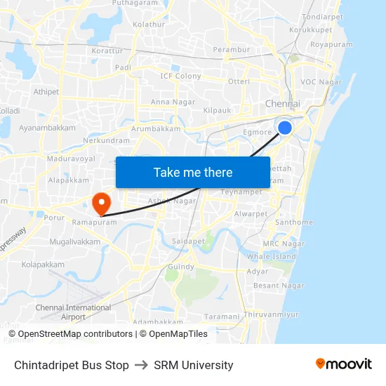 Chintadripet Bus Stop to SRM University map