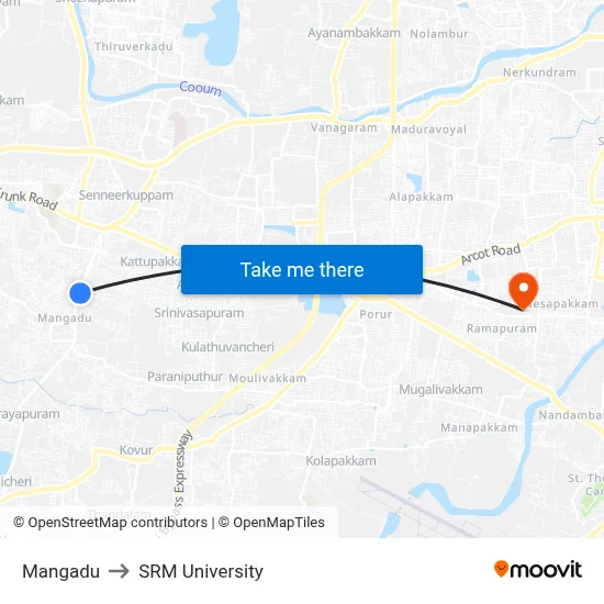Mangadu to SRM University map