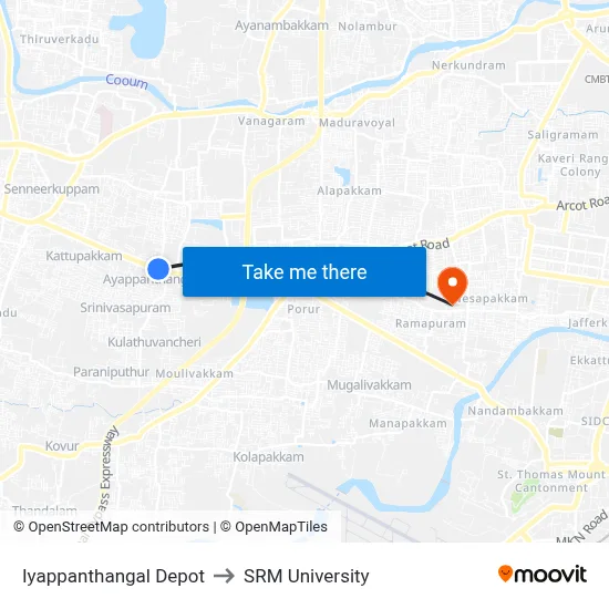 Iyappanthangal Depot to SRM University map
