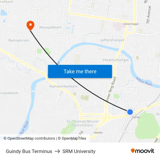 Guindy Bus Terminus to SRM University map
