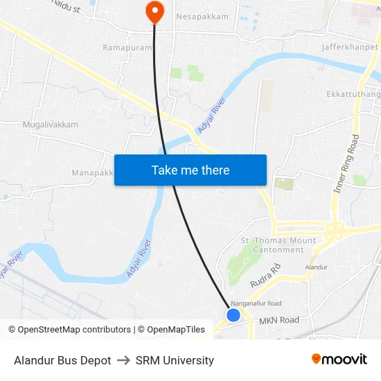 Alandur Bus Depot to SRM University map