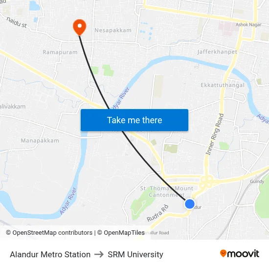 Alandur Metro Station to SRM University map