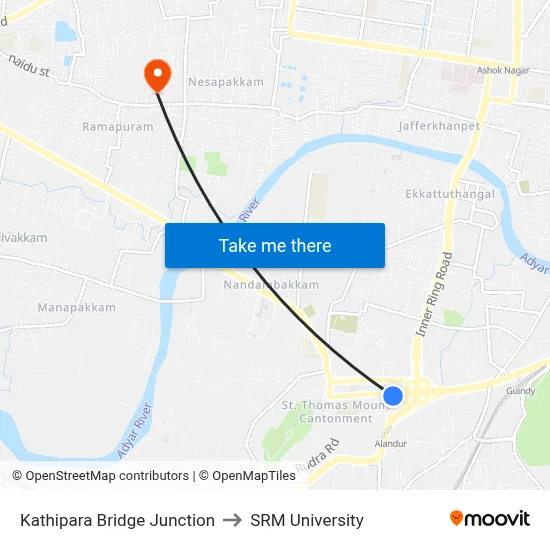 Kathipara Bridge Junction to SRM University map