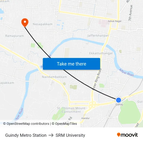 Guindy Metro Station to SRM University map