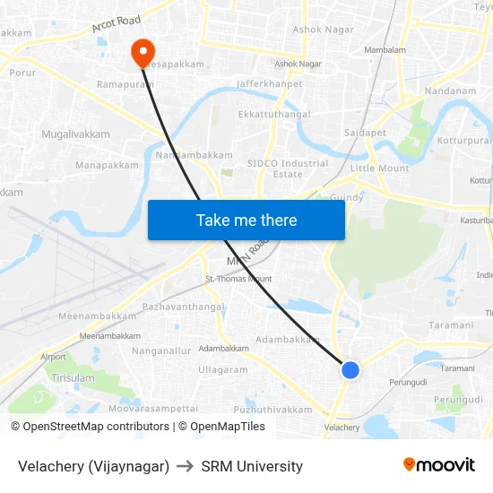Velachery (Vijaynagar) to SRM University map