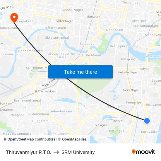 Thiruvanmiyur R.T.O. to SRM University map