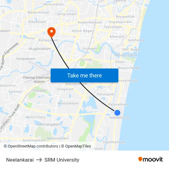 Neelankarai to SRM University map
