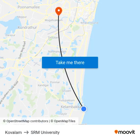 Kovalam to SRM University map