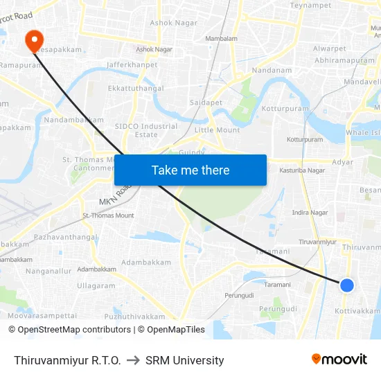 Thiruvanmiyur R.T.O. to SRM University map