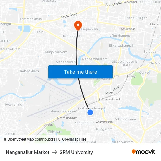 Nanganallur Market to SRM University map