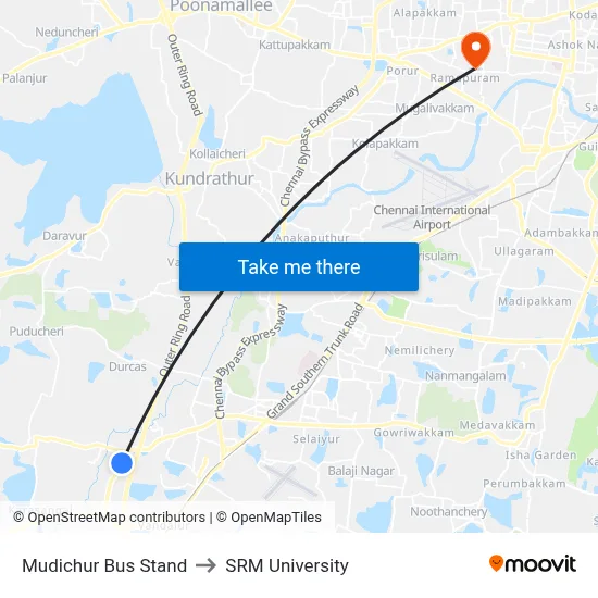 Mudichur Bus Stand to SRM University map