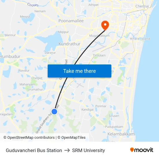 Guduvancheri Bus Station to SRM University map