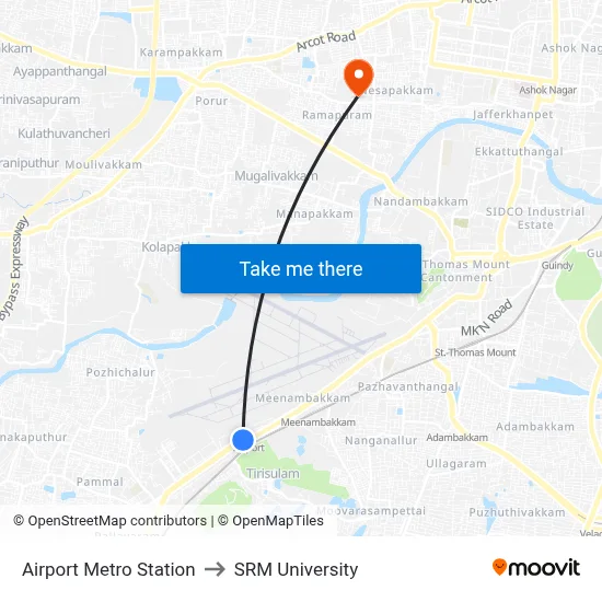 Airport Metro Station to SRM University map