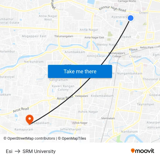 Esi to SRM University map
