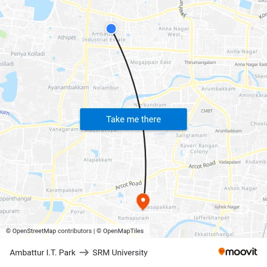 Ambattur I.T. Park to SRM University map