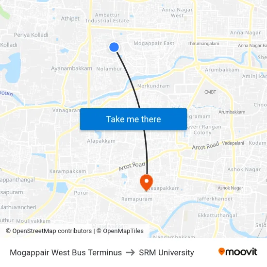 Mogappair West Bus Terminus to SRM University map