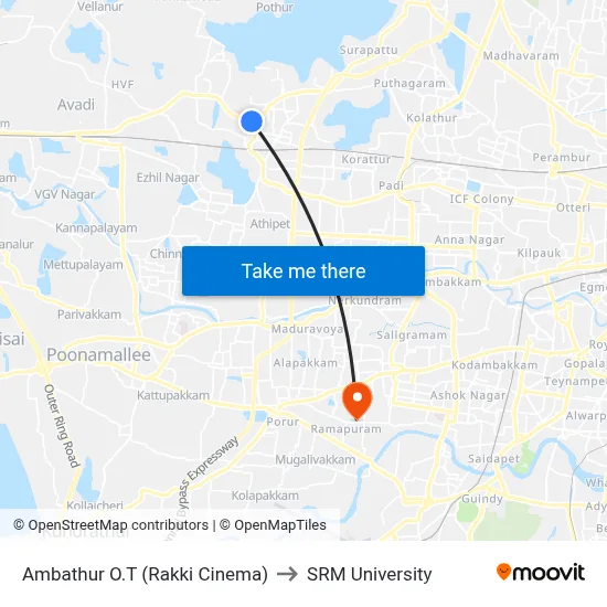 Ambathur O.T (Rakki Cinema) to SRM University map