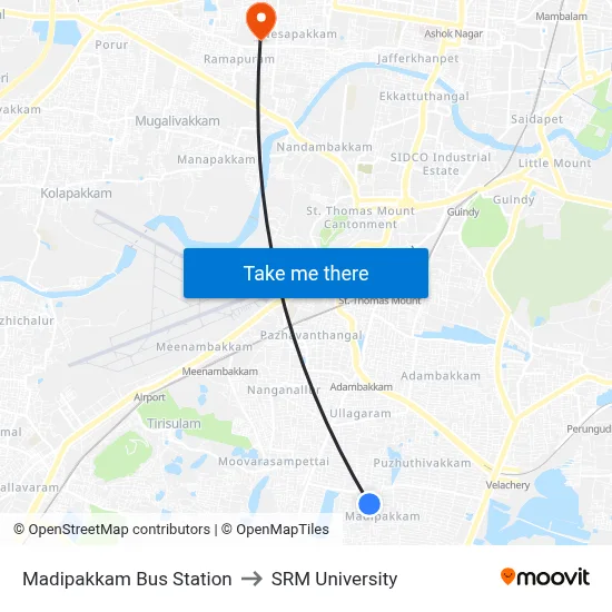 Madipakkam Bus Station to SRM University map