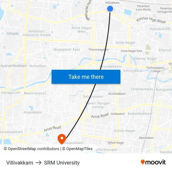 Villivakkam to SRM University map