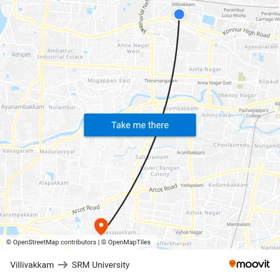Villivakkam to SRM University map
