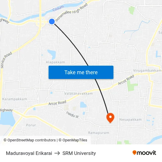 Maduravoyal Erikarai to SRM University map
