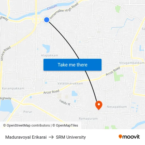 Maduravoyal Erikarai to SRM University map