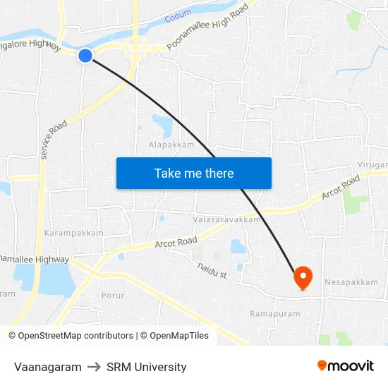 Vaanagaram to SRM University map
