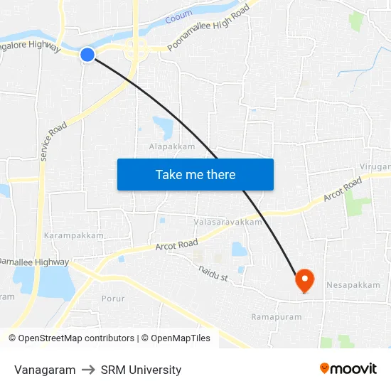 Vanagaram to SRM University map