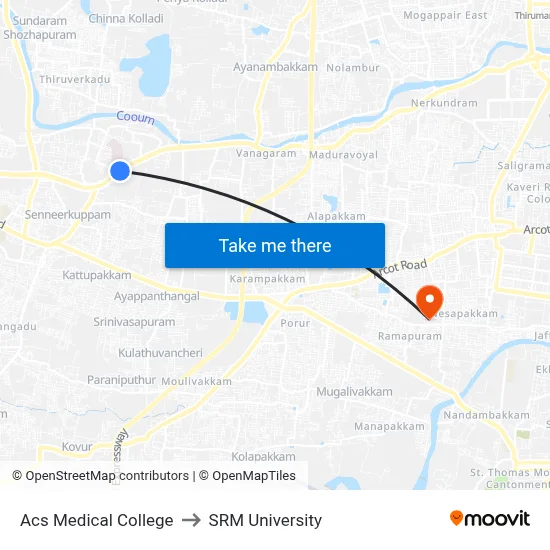 Acs Medical College to SRM University map