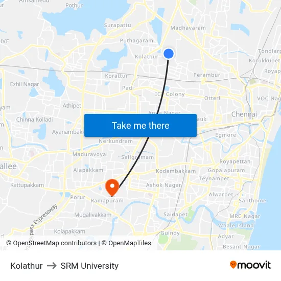 Kolathur to SRM University map
