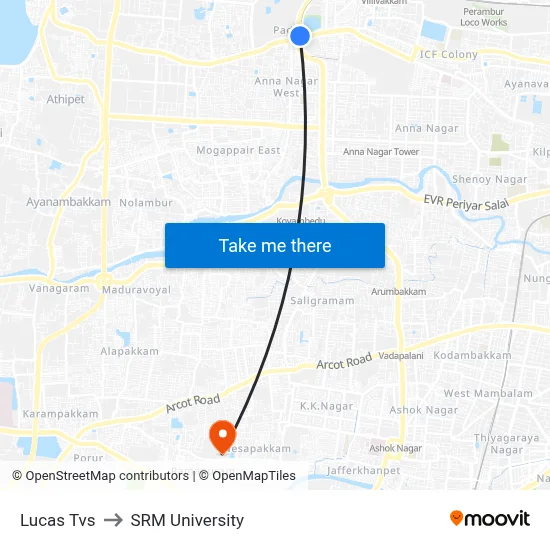 Lucas Tvs to SRM University map