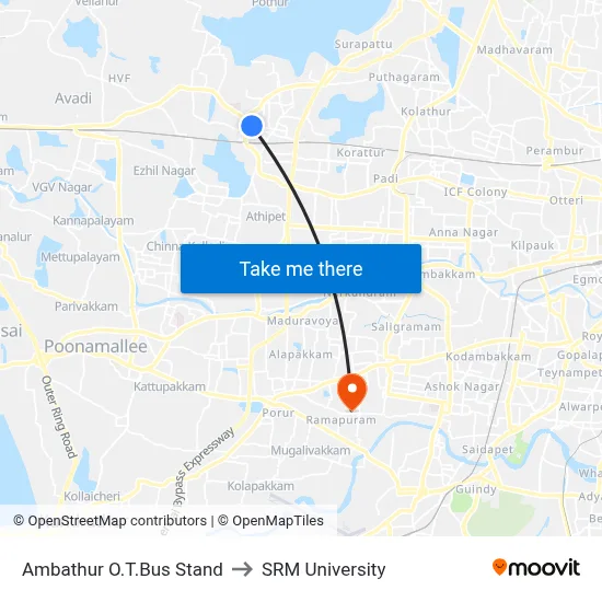 Ambathur O.T.Bus Stand to SRM University map