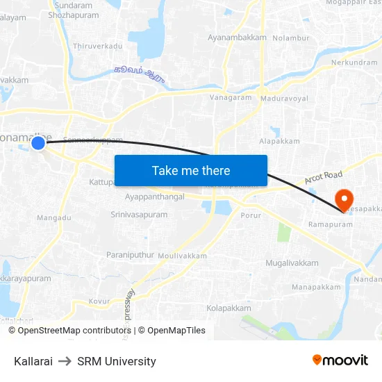 Kallarai to SRM University map