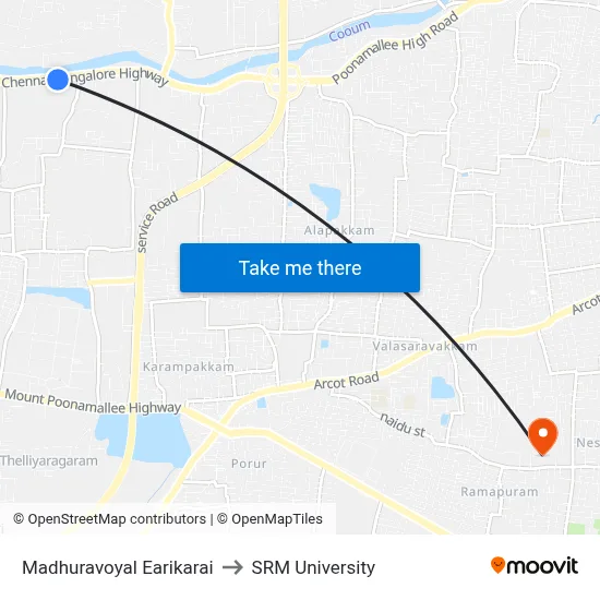 Madhuravoyal Earikarai to SRM University map