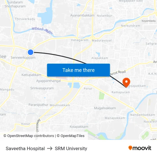 Saveetha Hospital to SRM University map