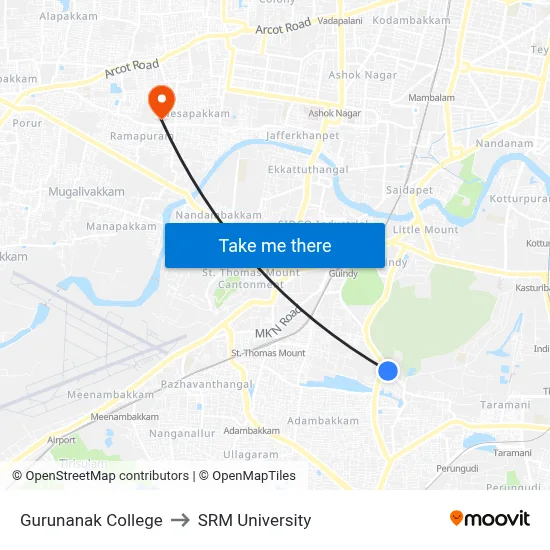 Gurunanak College to SRM University map