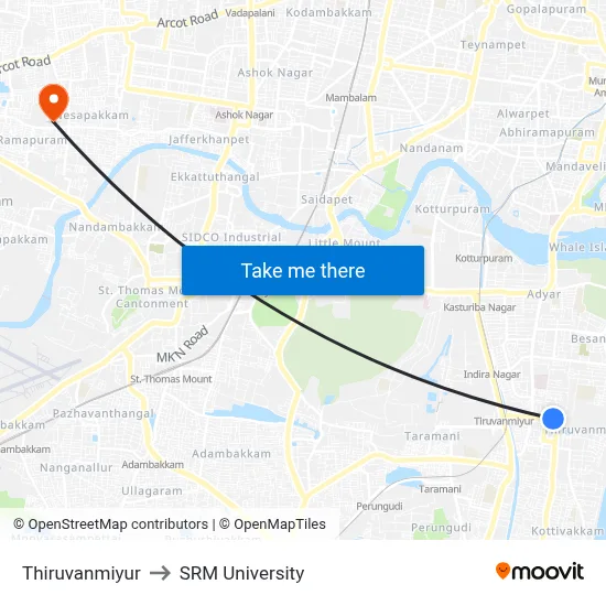 Thiruvanmiyur to SRM University map