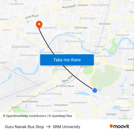 Guru Nanak Bus Stop to SRM University map