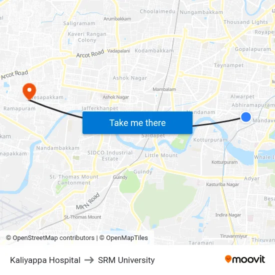 Kaliyappa Hospital to SRM University map