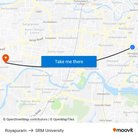Royapuram to SRM University map