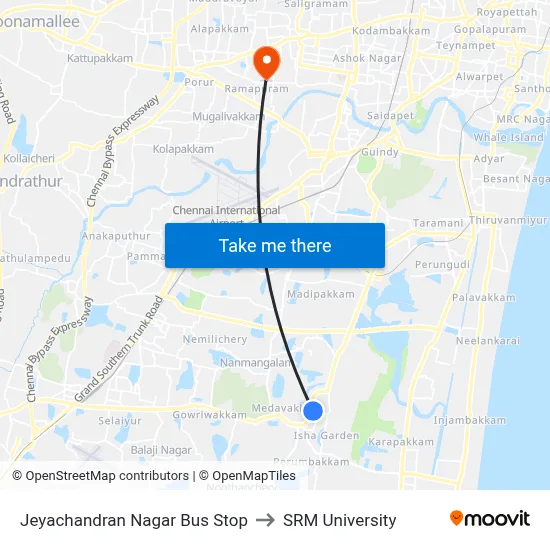 Jeyachandran Nagar Bus Stop to SRM University map